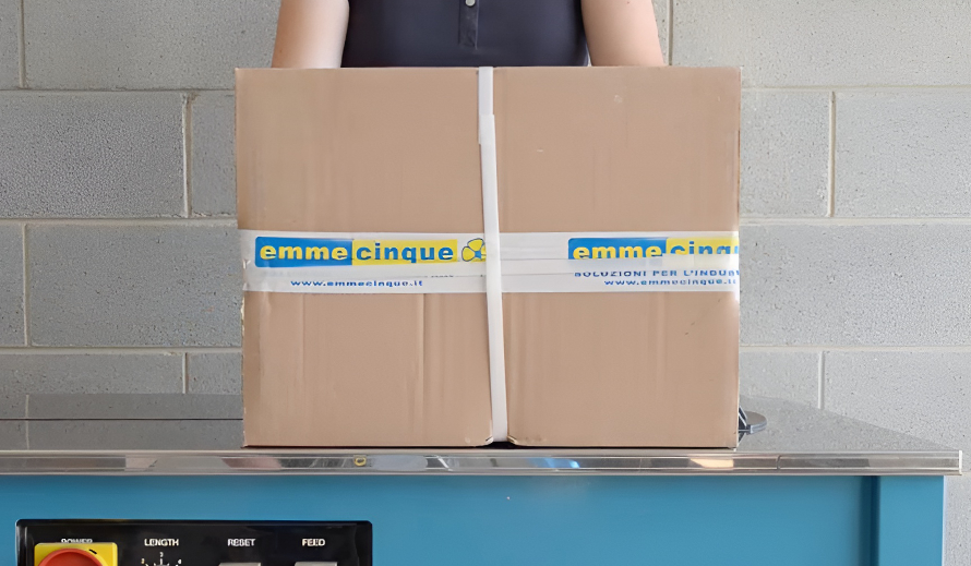 Un esempio di imballaggio per e-commerce: uno scatolone reggiato con nastro personalizzato Emme Cinque